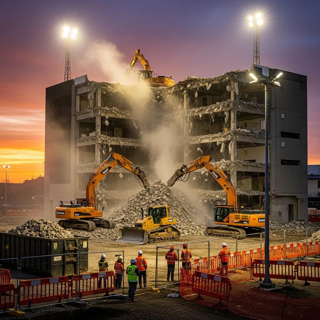 Construction site with heavy machinery demolishing a building, showcasing the structural demolition process