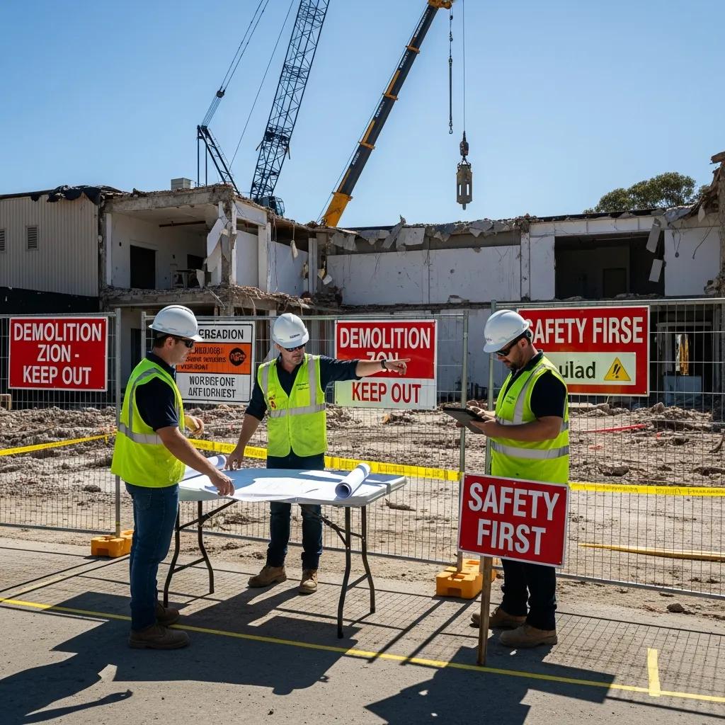 Construction workers preparing a site for demolition with safety measures in place