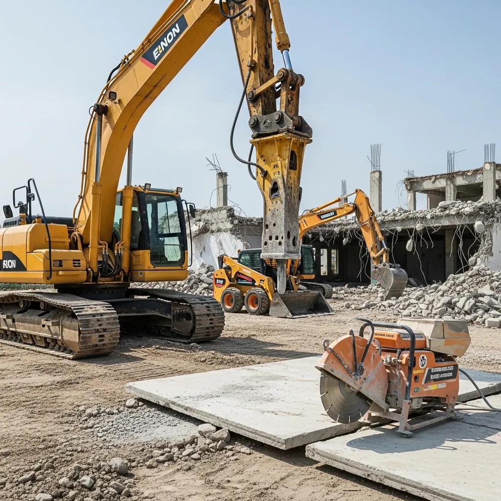 Essential demolition equipment including excavator and concrete saw on a construction site