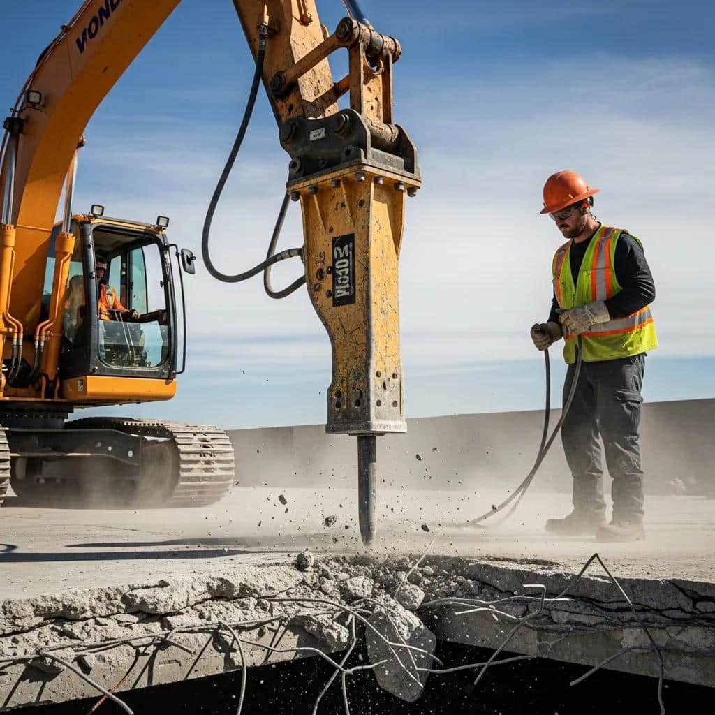 Hydraulic breaker in action during concrete demolition, highlighting expert techniques