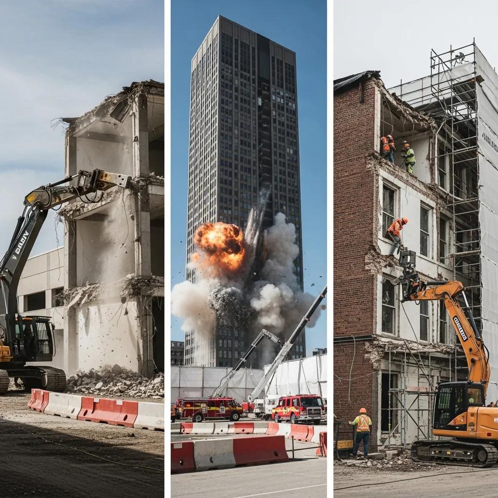 Illustration of various demolition methods including mechanical, implosion, and selective demolition techniques