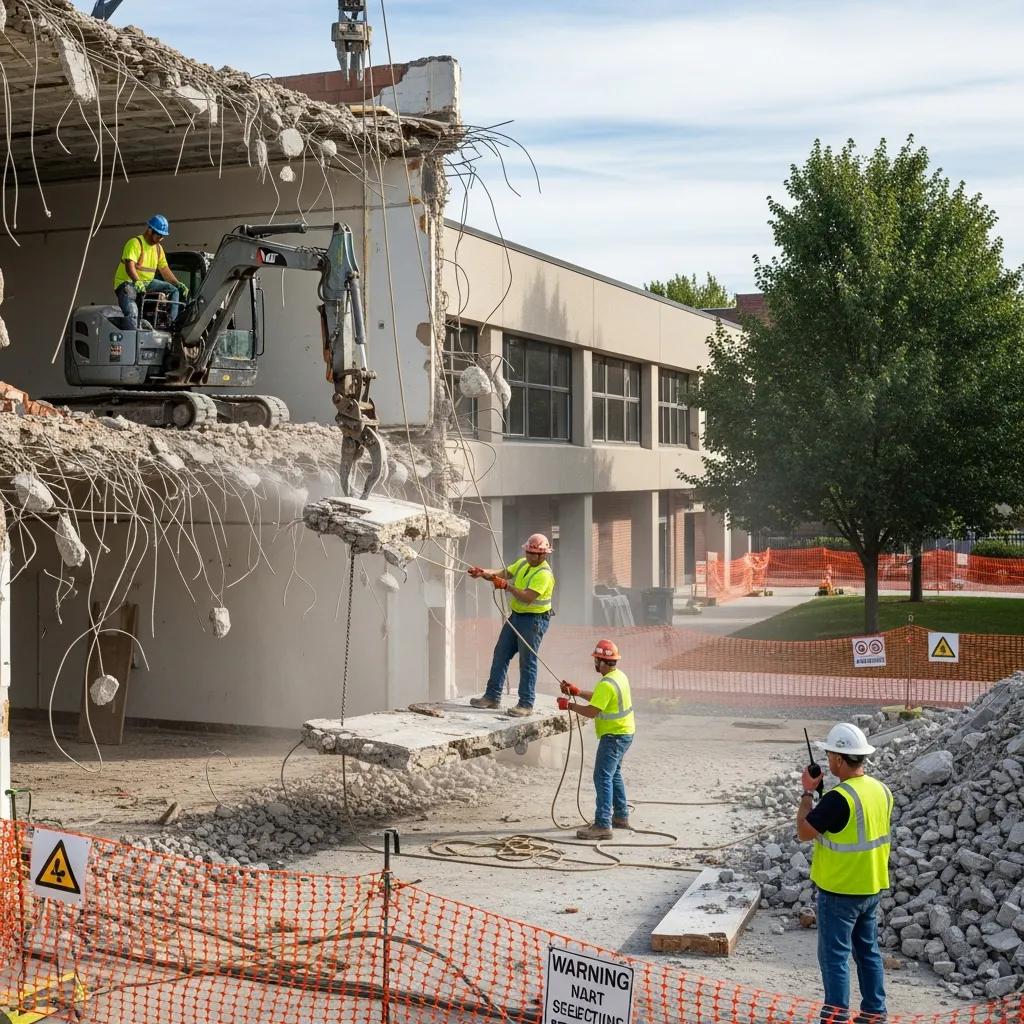 Selective demolition site with workers carefully removing structures while preserving surrounding areas