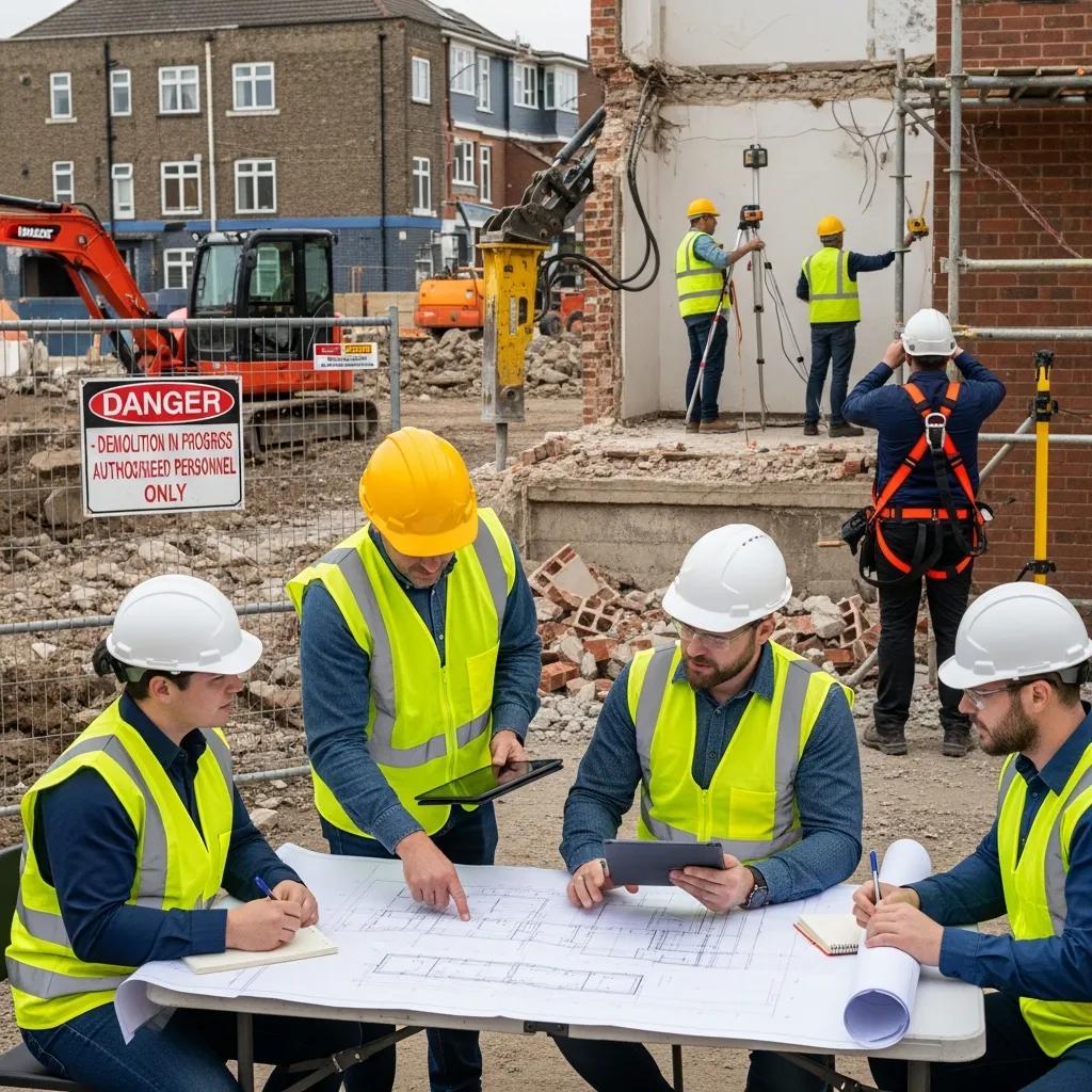 Team conducting a site assessment for a selective demolition project, highlighting safety and planning
