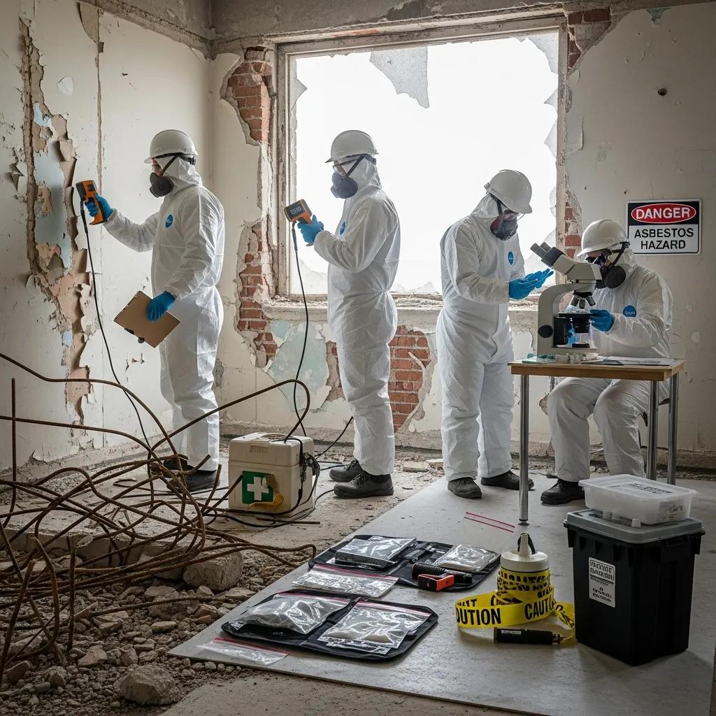 Team of professionals assessing hazardous materials at a demolition site, emphasizing safety and compliance