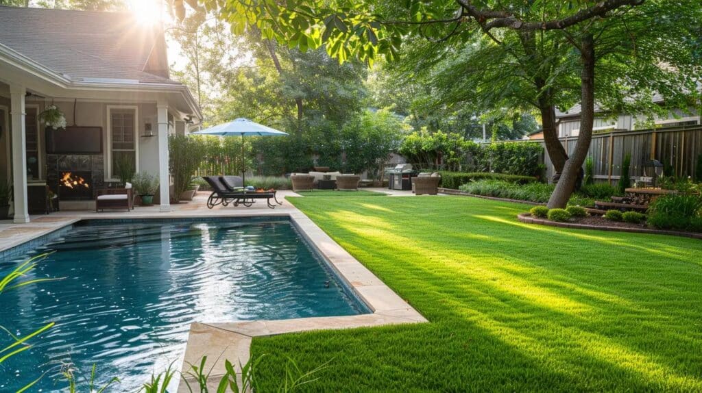 A beautiful, finished Oklahoma backyard with lush green grass where a pool used to be. A family-friendly patio and firepit area are in the background, showing the after result of demolition.
