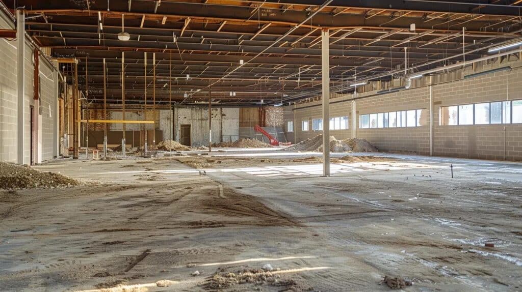 An interior shot of a commercial building where only the non-load-bearing walls are being removed, leaving the steel beams and roof intact. Very clean, organized construction site.