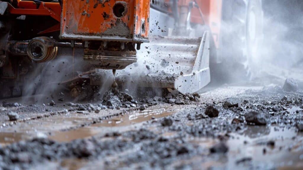 A detailed close-up of a concrete breaker attachment on a bobcat cracking through thick reinforced gunite. Dust being suppressed by water, showing the complexity of the work.