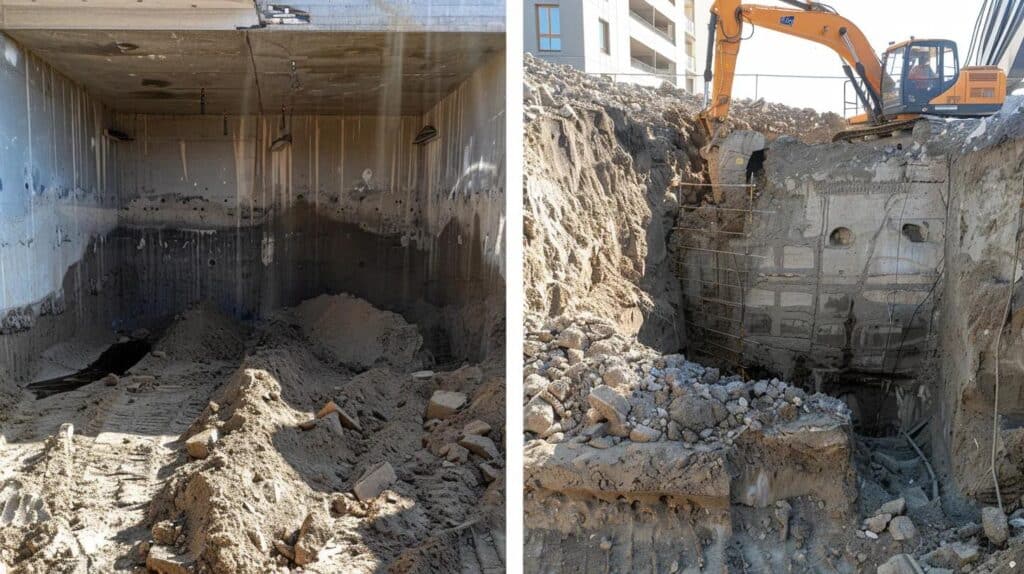 A side-by-side comparison image showing a fill-in process with dirt being compacted vs. a full removal where the entire concrete shell is being lifted out of a deep pit.
