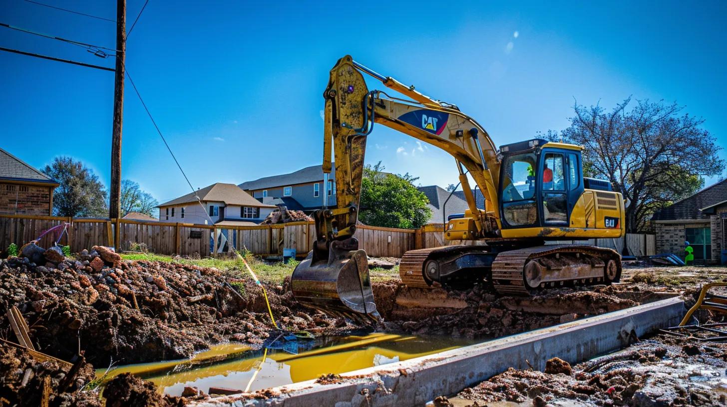 A high-resolution, realistic photo of a professional yellow excavator carefully removing a concrete pool in a suburban Oklahoma City backyard. Bright sunny day, clear blue sky, workers in high-visibility vests and hard hats. Professional branding on the equipment, clean job site.