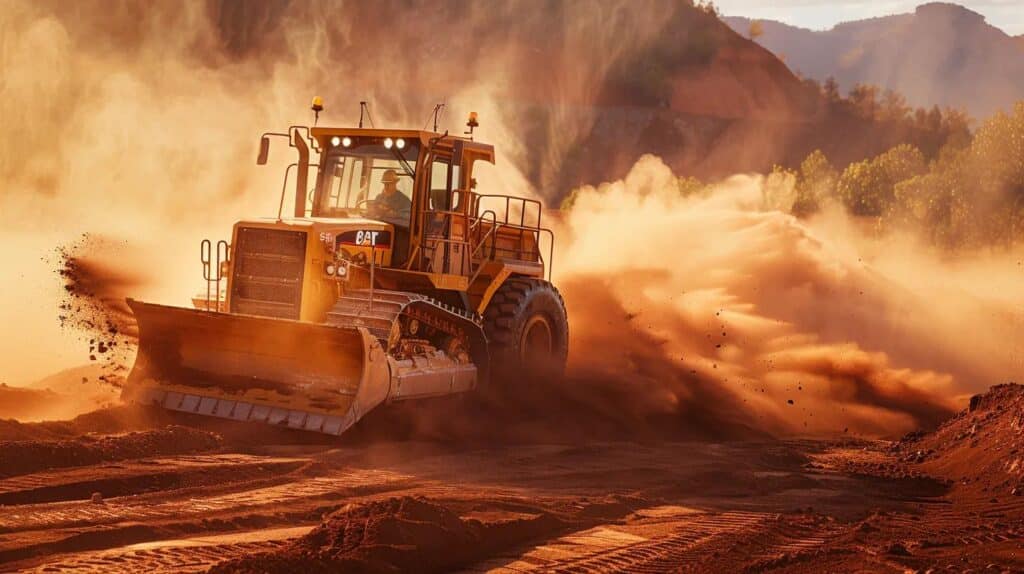 A powerful dozer clearing red Oklahoma soil and brush on a large lot in Yukon. Sunset lighting, dust in the air, realistic textures of the red clay and machinery.