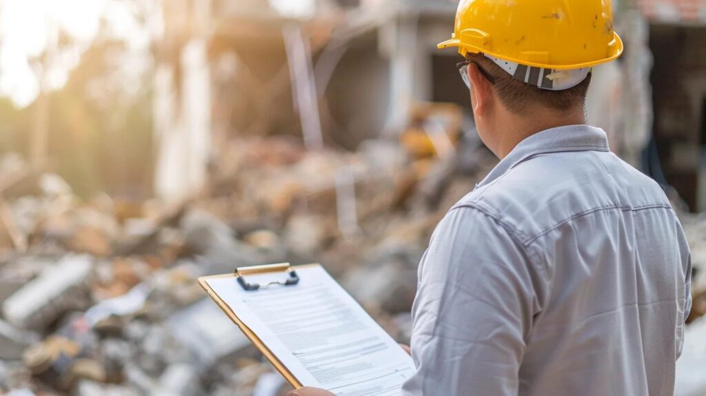 A close-up of a professional contractor in a hardhat reviewing a set of blueprints and a city permit on a clipboard in front of a residential demolition site in OKC. Focus on the paperwork and the site in the blurred background.