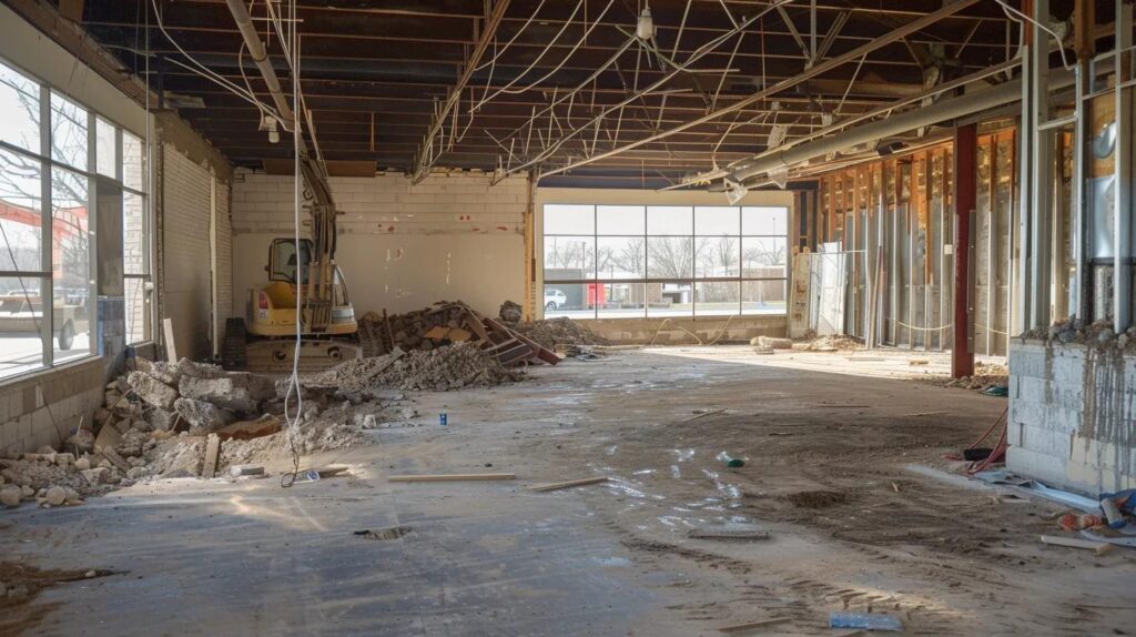 Interior shot of a commercial retail space in Oklahoma City during a selective demolition process. Interior walls removed to expose steel beams, clean work site, specialized concrete cutting saws visible. Industrial look.