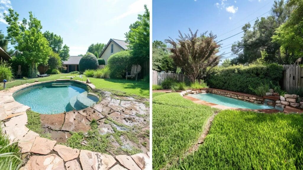 Before and after split screen: An old, cracked green swimming pool versus a clean, leveled green grass backyard in Oklahoma. Realistic, bright sunlight, professional landscaping.