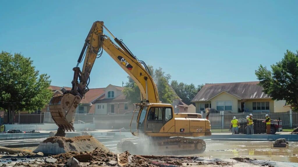 A high-resolution, realistic photo of a professional yellow excavator carefully removing concrete from an old backyard swimming pool in a suburban Oklahoma City neighborhood. Clear blue sky, dust control water spray visible, professional workers in high-visibility vests nearby. 8k resolution, cinematic lighting.