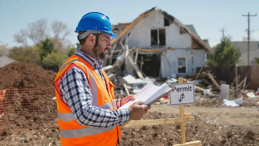Construction worker in safety gear reviewing demolition permit documents at a site with a partially demolished building and a "Permit" sign, emphasizing compliance with Oklahoma City demolition regulations.