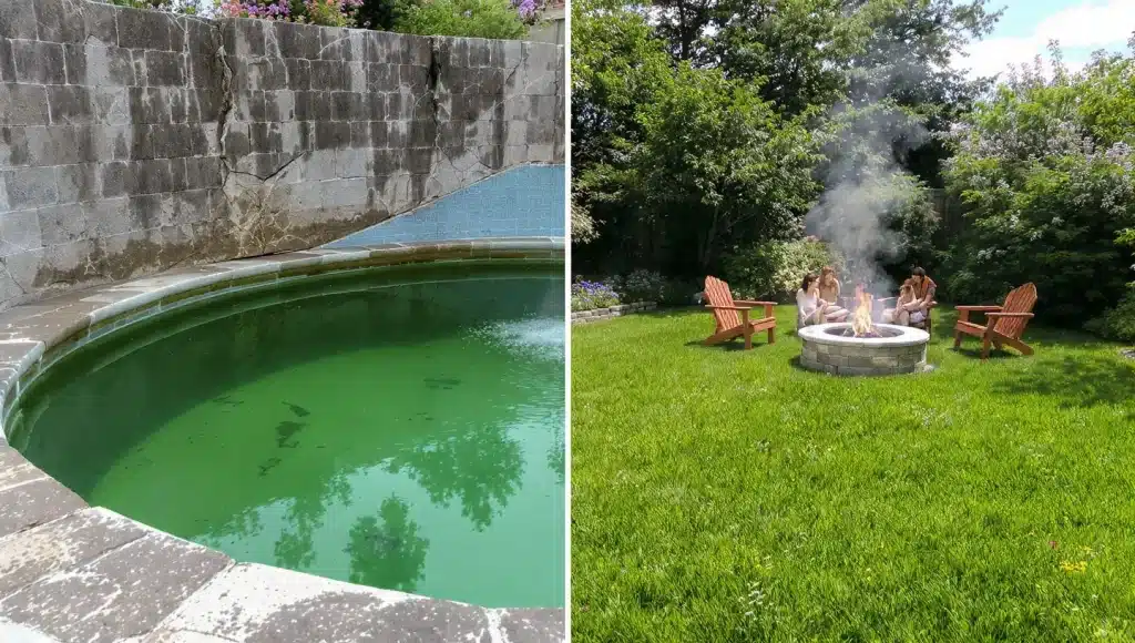 Green, unmaintained pool with cracked walls and stagnant water, contrasting with a vibrant backyard scene featuring a fire pit surrounded by people sitting on wooden chairs.