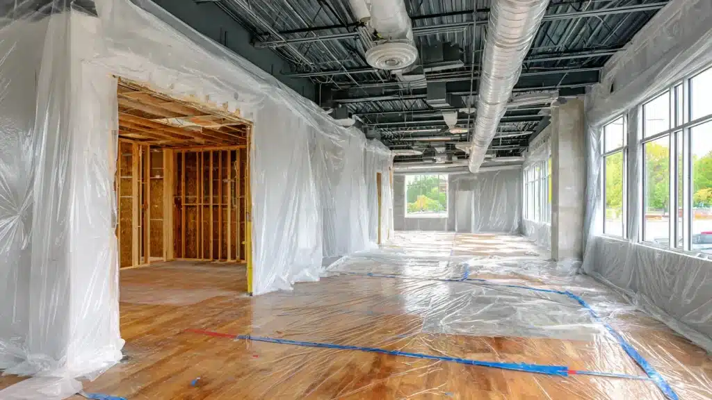 Interior undergoing selective demolition with protective plastic sheeting, showcasing exposed framing and wooden flooring, relevant to renovation processes in Oklahoma City.