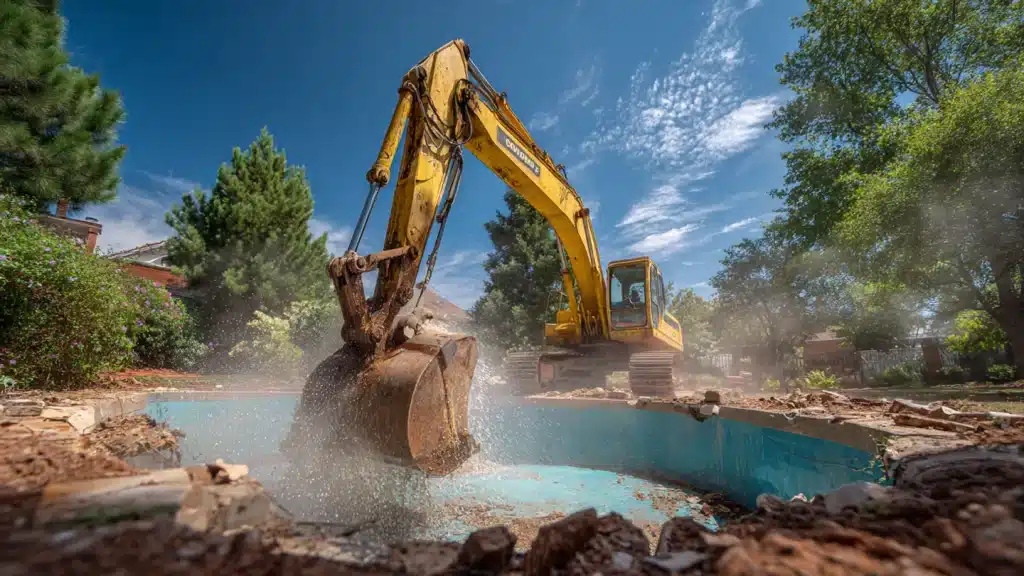 Excavator removing debris from an in-ground swimming pool during demolition in a residential backyard in Oklahoma City.