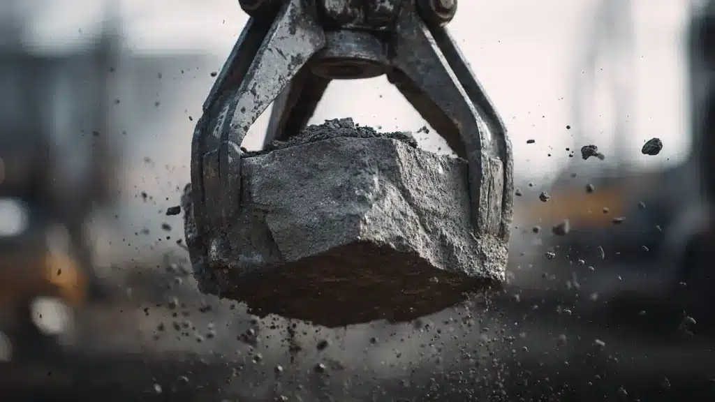 Excavator claw gripping a large rock, with debris flying, illustrating the demolition process relevant to pool removal services by F5 Demolition in Oklahoma City.