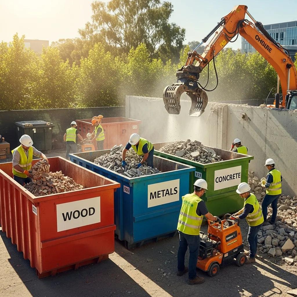 Construction site emphasizing environmentally friendly demolition practices and recycling efforts