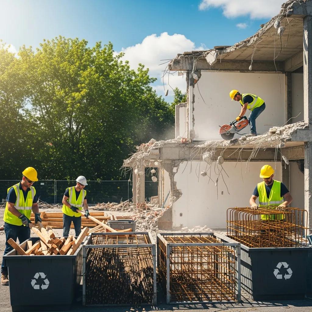 Eco-friendly demolition site with workers sorting materials for recycling