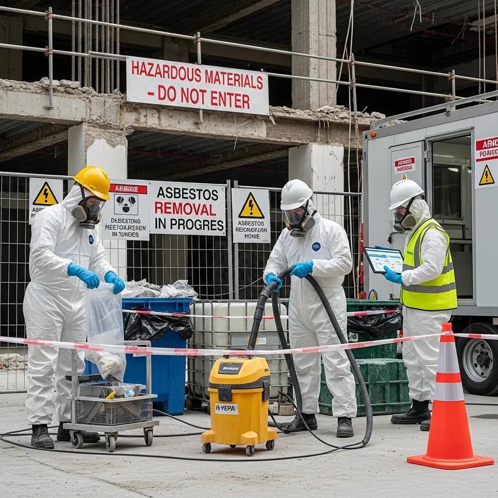 Professionals safely removing hazardous materials at a demolition site