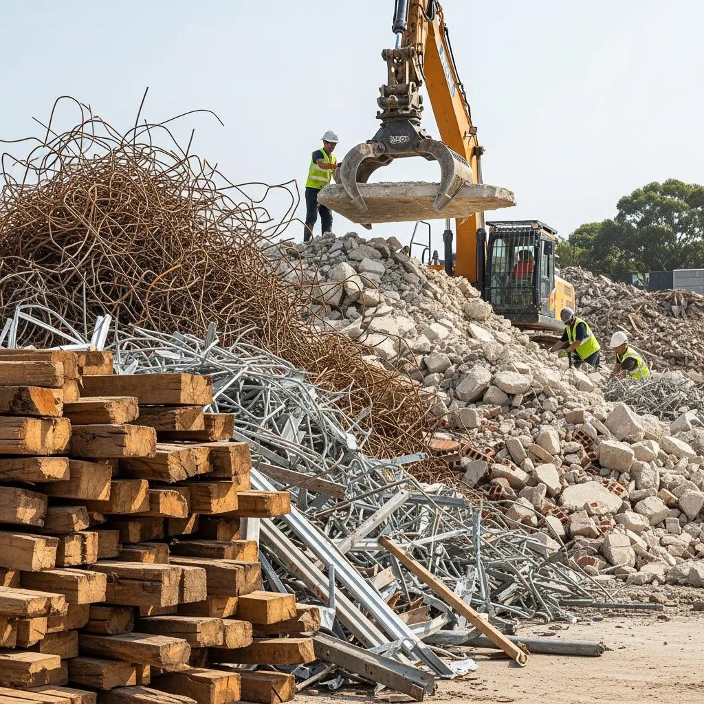 Sorted recyclable materials at a demolition site emphasizing sustainable waste recycling