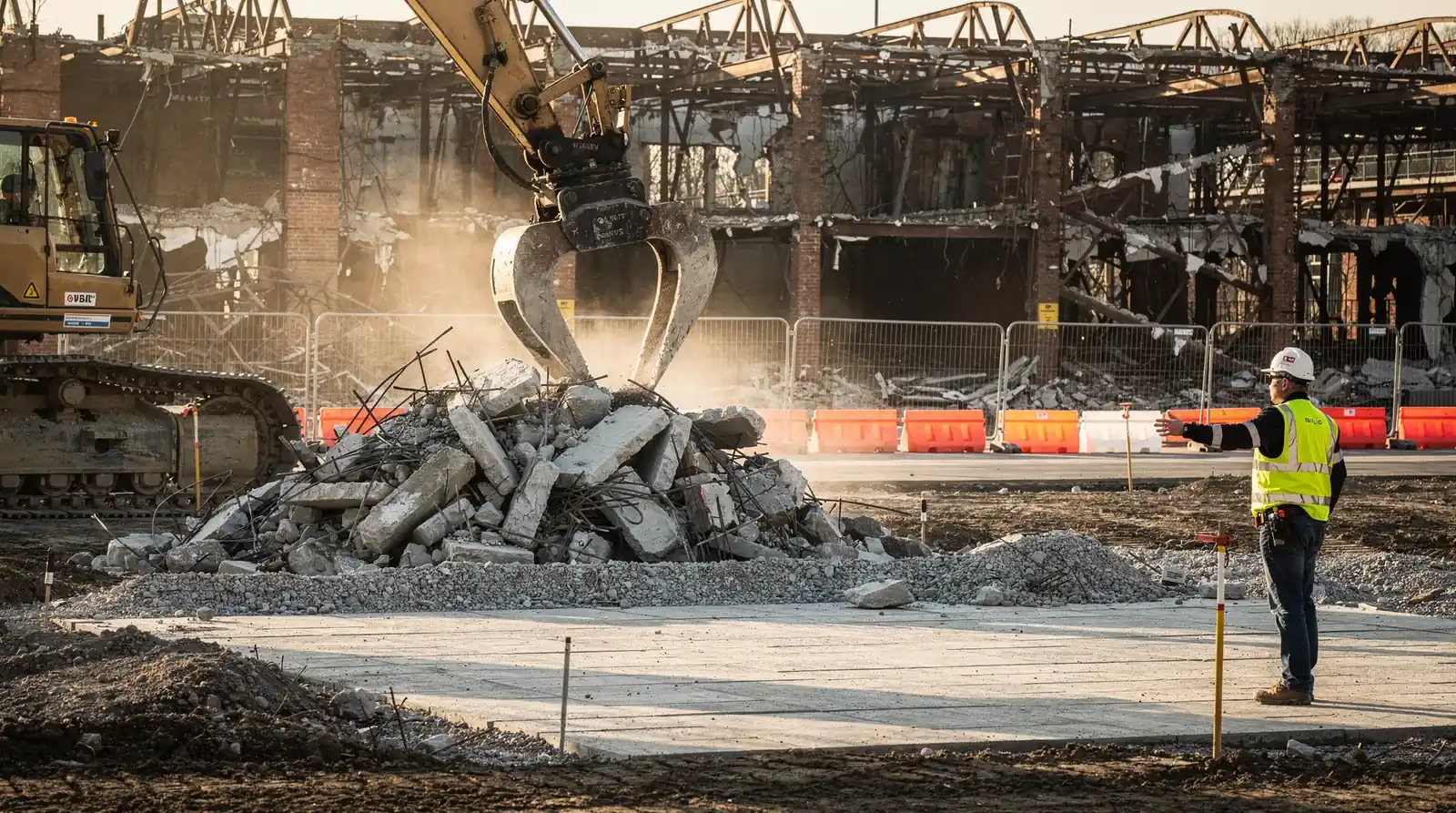 Site grading levels the ground after demolition to prepare for new construction.; Debris management includes