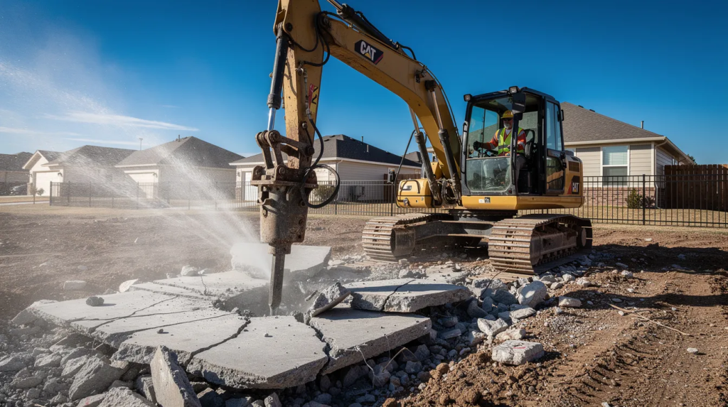 A heavy yellow crawler excavator with a hydraulic breaker is actively demolishing concrete at a residential property in Oklahoma City, creating a dust suppression mist in the daylight. The operator is visible inside the cab, showcasing the use of professional demolition services for a pool removal project.